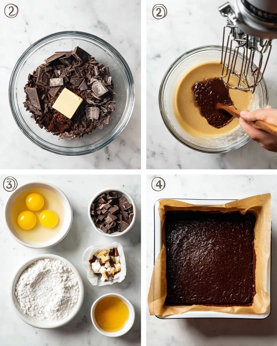 The image shows four steps of making a chocolate dessert. In the first step, a glass bowl sits on a white marbled surface, filled with dark chopped chocolate and a block of pale butter. Around the bowl are small white bowls holding yellow egg yolks, cocoa powder, white flour, and small dark chocolate chips; a woman’s hand is not yet seen. In the second step, the same glass bowl contains a light tan foamy mixture with a dollop of melted dark chocolate on top; a mixer with silver beaters is partially visible above the bowl. In the third step, the glass bowl now holds a dark chocolate batter with a large mound of white flour on top, and a wooden spoon is partially mixed into it. A small white bowl with broken candy pieces is in the background on the white marbled surface. In the last step, a square white baking pan lined with brown parchment paper holds the smooth dark chocolate batter spread evenly, ready for baking. photo taken with an iphone --ar 4:5 --v 7