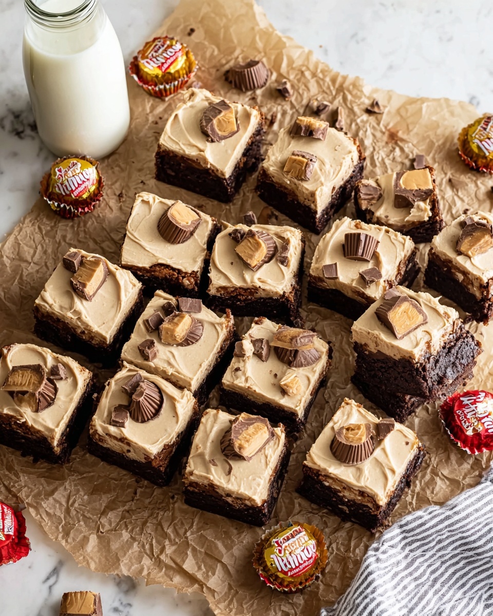 The image shows fifteen square chocolate brownies laid out on crinkled brown parchment paper over a white marbled surface. Each brownie has two layers: a dense, dark chocolate base and a thick, creamy light brown frosting layer on top. Small pieces of chopped chocolate peanut cup candies are scattered on top of the frosting, adding texture and color contrast. Around the brownies, whole and halved chocolate peanut cup candies with gold and red wrappers lie casually. In the upper left corner, a glass bottle of milk is partially visible. A striped cloth is seen on the lower right edge of the image. photo taken with an iphone --ar 4:5 --v 7