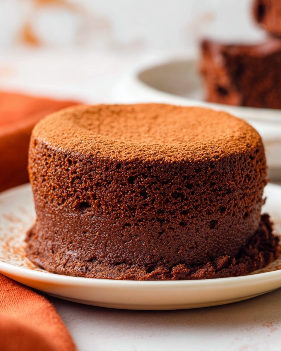 A single round chocolate cake sits in the center of a white plate. The cake has two main layers: the top layer is fluffy and porous with a slightly rough texture, while the bottom layer is denser with a cracked surface showing a rich, darker brown color. The cake's edges are slightly crumbly, and the background shows a white marbled texture with a blurry chocolate item in the distance. A small part of an orange cloth is visible at the bottom left corner. photo taken with an iphone --ar 4:5 --v 7