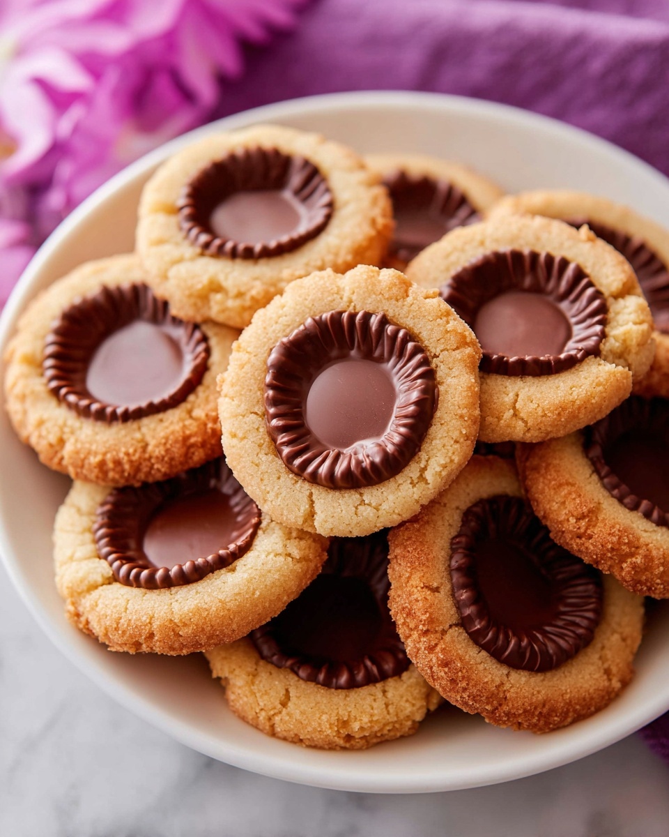 A white plate is filled with a pile of round cookies, each with two layers: a golden-brown outer cookie base with a slightly crumbly texture forming a ring, and a smooth, shiny milk chocolate piece placed neatly in the center. The chocolate has a slightly ridged edge that fits well into the cookie base. The cookies are stacked slightly overlapping on a white marbled surface with a purple cloth visible in the background. photo taken with an iphone --ar 4:5 --v 7