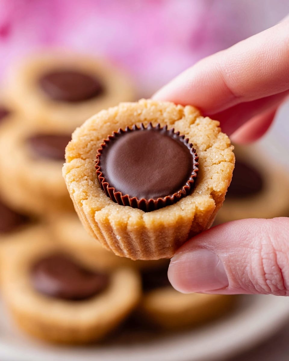 A close-up image of a small cookie being held by a woman's hand, showing one layer of golden-brown cookie dough with a soft and slightly crumbly texture, topped with a round, smooth, dark chocolate cup in the center. The cookie has a slightly raised edge that holds the chocolate, which has a clean surface with a slight gloss. In the blurred background, there are more cookies stacked together on a white marbled surface with hints of pink color around the edges. Photo taken with an iphone --ar 4:5 --v 7