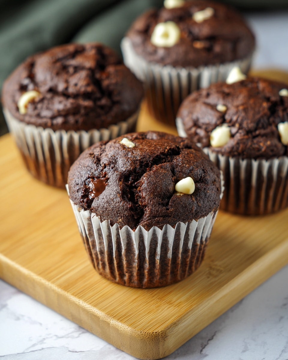 There are four dark brown chocolate muffins with a cracked and soft top texture. Each muffin is inside a white paper liner that ruffles around the edges. The muffins have visible white and dark chocolate chips melted slightly on the top. They are placed on a light wooden board with a white marbled surface partly visible at the bottom. The focus is sharpest on the front muffin, with the others blurred in the background. photo taken with an iphone --ar 4:5 --v 7