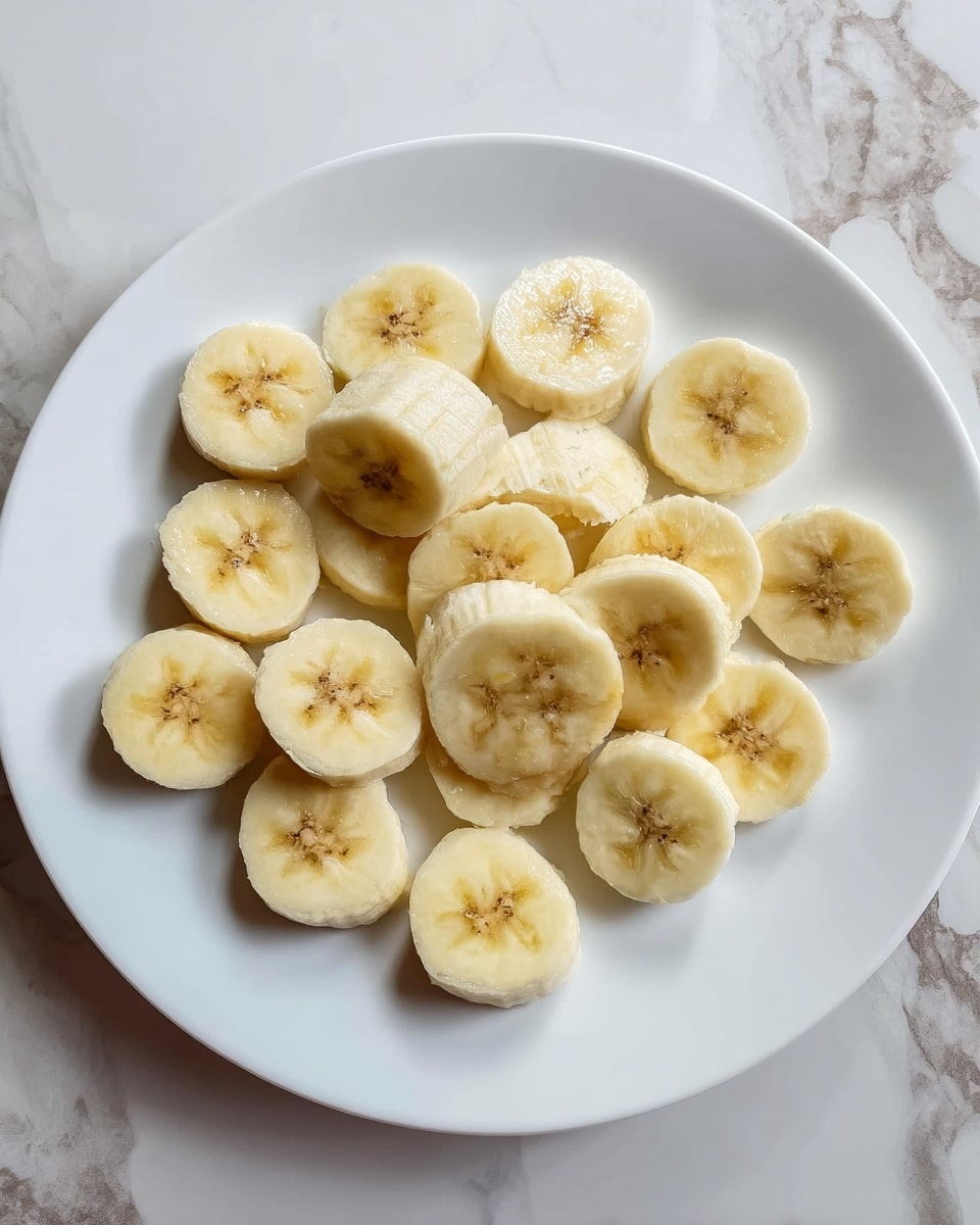 The image shows a white plate with about 20 banana slices arranged loosely in the center. Each slice is thick and round, showing the light yellow inside with a few brown spots in the shape of a star or flower in the middle. The bananas have a smooth texture, and their edges are clean and even. The plate is set on a white marbled surface. photo taken with an iphone --ar 4:5 --v 7