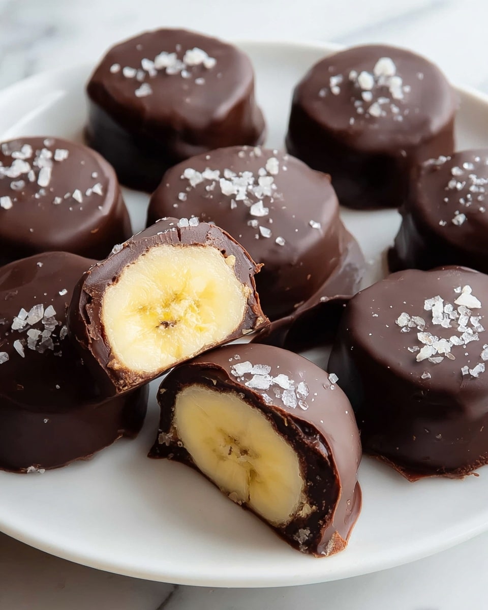 Small round chocolate treats are shown on a white plate, placed on a white marbled surface. Each treat is fully covered in smooth dark chocolate, with a light sprinkle of coarse salt on top. One piece in the middle is cut in half, exposing a soft, pale yellow banana center inside. The chocolate coating is thick and glossy, wrapping around the yellow banana flesh, showing a clear contrast between the dark brown chocolate and the light banana. The arrangement is neat, with the cut piece lying front and center, surrounded by whole chocolate pieces. Photo taken with an iphone --ar 4:5 --v 7