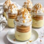 Banana Pudding in Mason Jar Cups with Vanilla Wafers and Caramel Drizzle Recipe