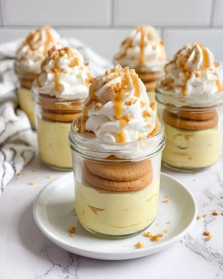 Banana Pudding in Mason Jar Cups with Vanilla Wafers and Caramel Drizzle Recipe