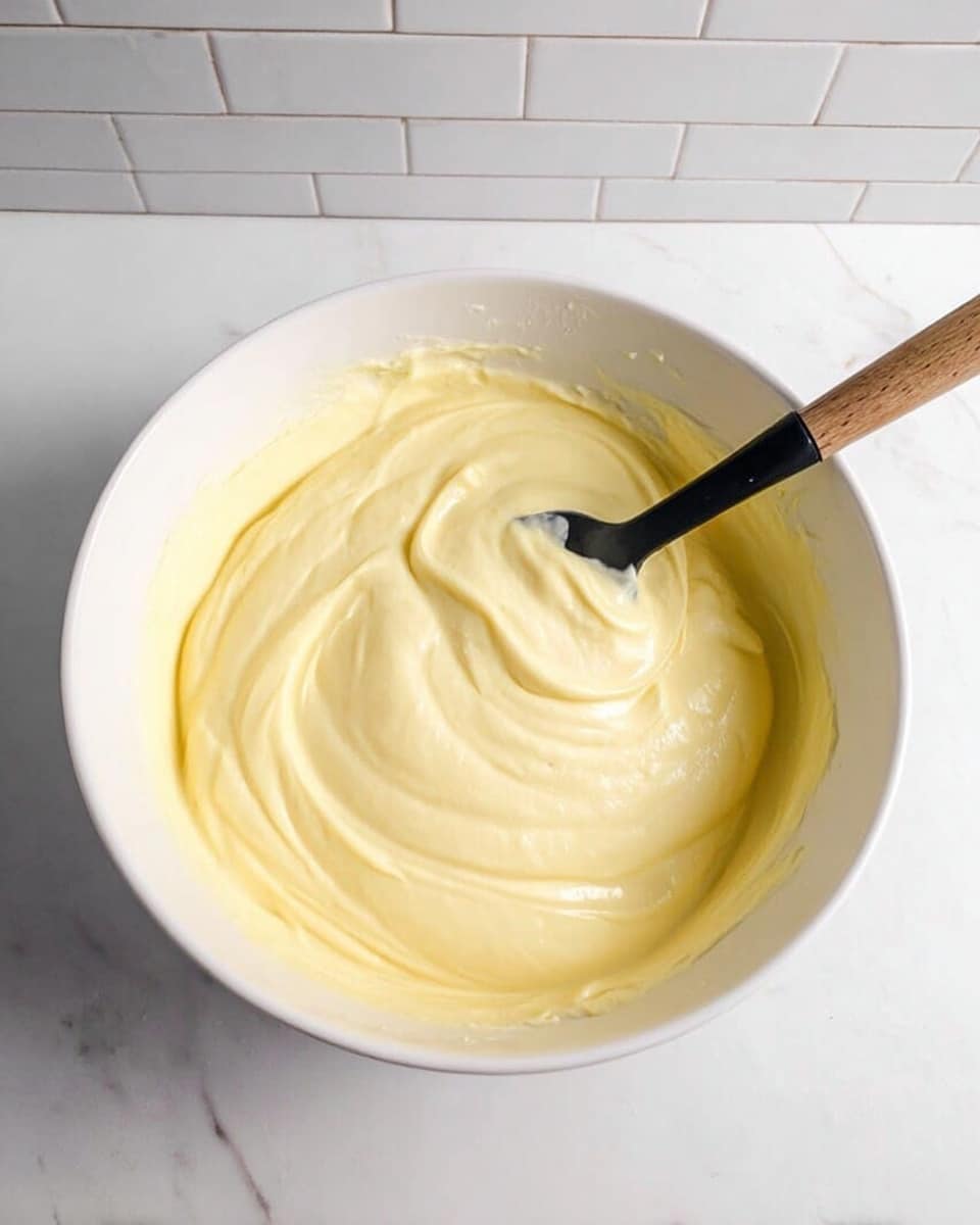 A white bowl filled with a thick, creamy pale yellow mixture that looks smooth and soft, with gentle swirls on the surface showing the texture. A black spoon with a wooden handle is resting inside the bowl, partially covered by the mixture. The bowl sits on a white marbled surface with white subway tiles in the background. photo taken with an iphone --ar 4:5 --v 7