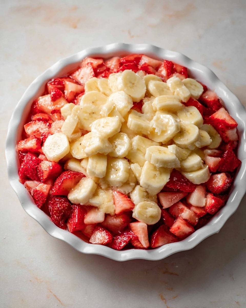The image shows a white scalloped edge pie dish filled with two layers of fruit. The bottom layer is made of small, bright red chunks of strawberries with visible seeds and a fresh, juicy texture. The top layer is covered with larger, creamy yellow pieces of sliced bananas that appear soft and ripe. The white marbled surface is faintly visible around the dish. The photo taken with an iphone --ar 4:5 --v 7