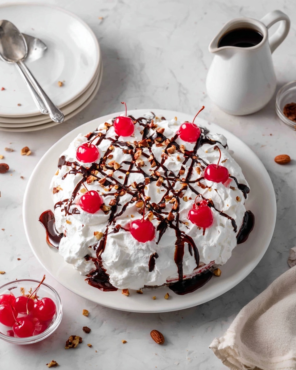 A round dessert sits on a white plate set on a white marbled surface. The dessert has a thick base layer covered with a large, uneven layer of white whipped cream. This cream layer is decorated with a dark chocolate drizzle in a crisscross pattern, small chopped nuts scattered over, and bright red cherries with stems placed evenly on top. Around the dessert, there are some loose nuts and a few cherries in a small clear bowl next to a silver serving spatula. Nearby, a white ceramic pourer with dark syrup and a stack of two white plates with a silver spoon complete the scene. Photo taken with an iphone --ar 4:5 --v 7