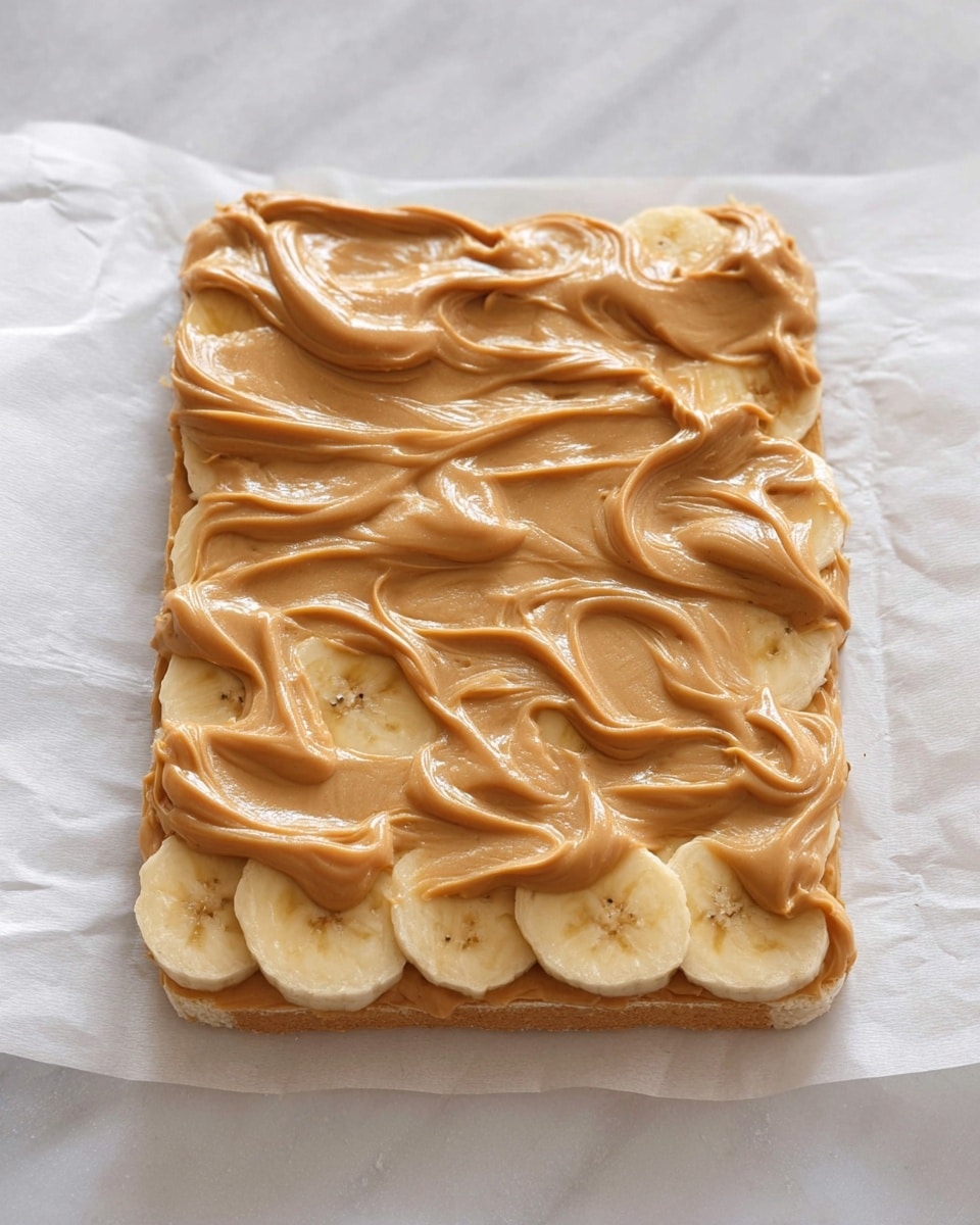 A rectangular layer of banana slices forms the base, with their pale yellow curved edges visible peeking from under a thick spread of smooth, light brown peanut butter, which is evenly swirled across the top. The banana slices create a soft, creamy texture underneath, while the peanut butter adds a slightly shiny, thicker layer on top. The whole setup rests on white parchment paper that lies on a white marbled surface, giving a clean and bright background. photo taken with an iphone --ar 4:5 --v 7