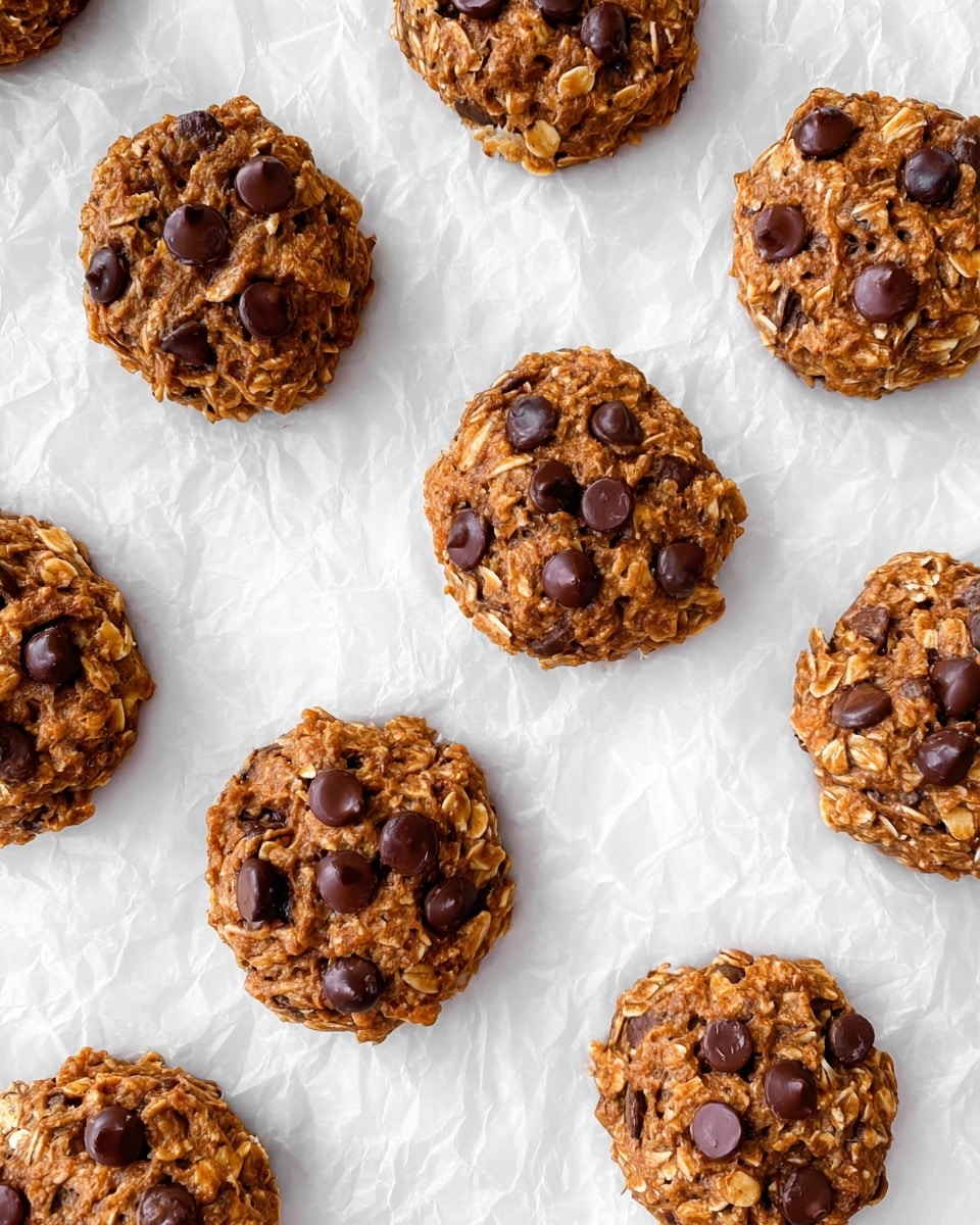 The image shows several round cookies spread out on white crumpled paper over a white marbled surface. Each cookie is thick with a rough texture, with visible oats mixed into the brown dough. Dark brown chocolate chips are scattered on top and slightly embedded within each cookie, giving a spotty look. The cookies are arranged with spaces between them in a random pattern, making the surface look full but not crowded. photo taken with an iphone --ar 4:5 --v 7