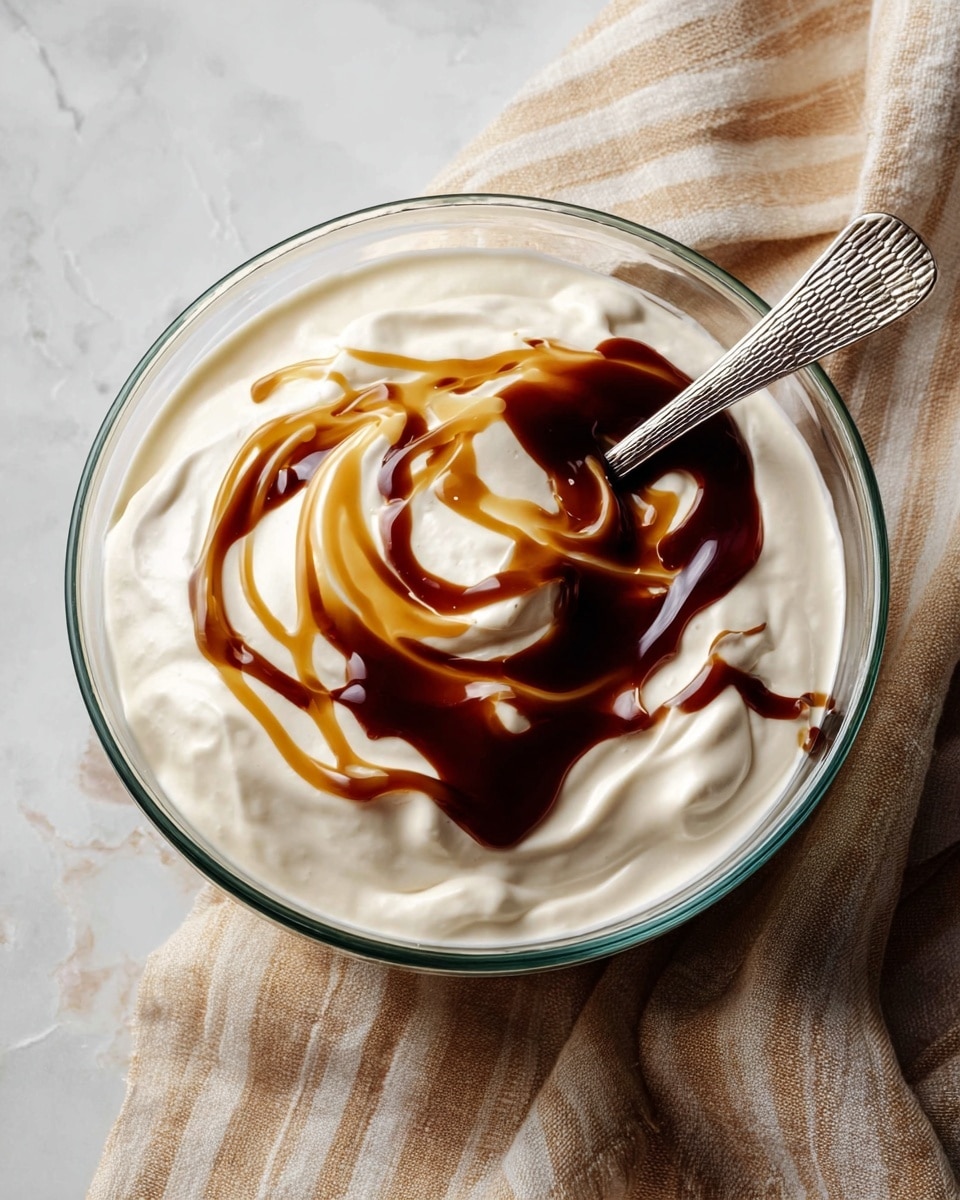 A clear glass bowl holds a thick layer of smooth, white cream spread evenly across the bottom. On top, there are swirls of two different syrups: one dark brown and thick, the other light golden and glossy, creating a marbled swirl pattern across the cream. A silver spoon with a textured handle is partially dipped into the cream and sauces on the right side of the bowl. The bowl sits on a white marbled surface next to a soft, beige cloth with subtle stripes. Photo taken with an iphone --ar 4:5 --v 7