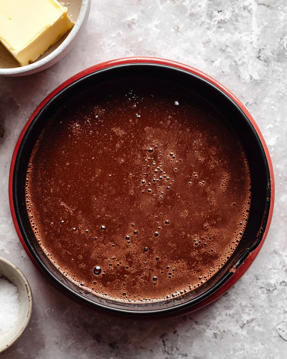 A close-up top view of a dark brown liquid chocolate batter with small bubbles on the surface, contained in a round black baking pan with a red rim, placed on a white marbled texture. Near the top left corner, there is a partial view of a white bowl holding a block of yellow butter. Photo taken with an iphone --ar 4:5 --v 7