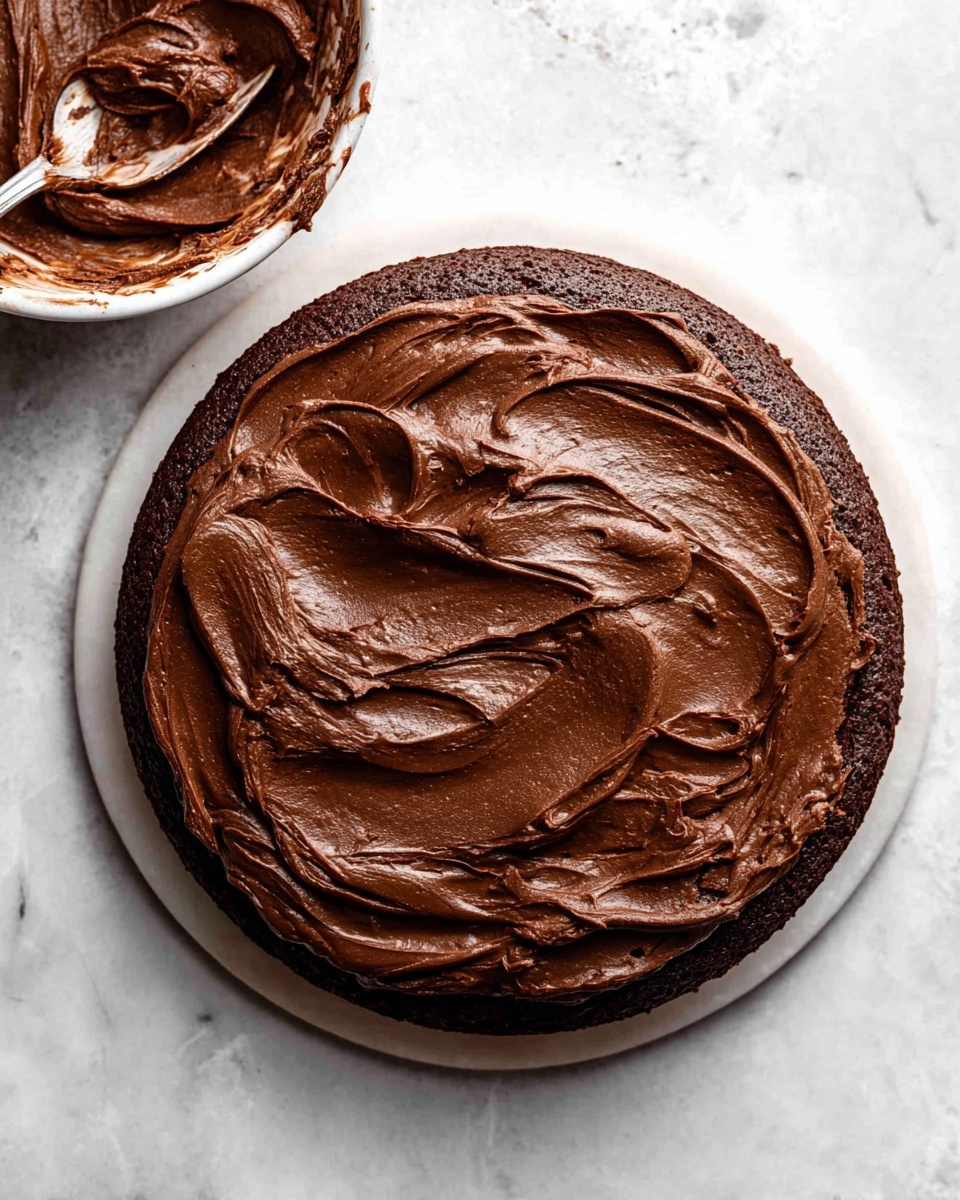 A single round dark chocolate cake layer sits in the center on a white marbled surface. It is covered with thick, rich, and glossy chocolate frosting spread unevenly on top, creating smooth swirls and waves in a deep brown shade. To the top left, there is a white bowl with leftover chocolate frosting and a spoon resting inside, also smeared with the same chocolate texture. The background is clean with a white marbled texture. photo taken with an iphone --ar 4:5 --v 7