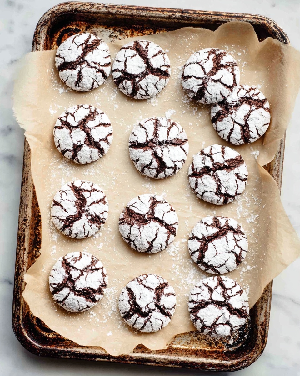 A rustic baking tray lined with beige parchment paper holds fourteen round chocolate cookies scattered across its surface. Each cookie is dark brown with light cracks on the top, generously coated with white powdered sugar that highlights the fractured texture, giving them a snowy look. The tray itself shows signs of use, with worn and darkened edges, adding a vintage charm to the image. The scene is set on a white marbled surface. Photo taken with an iphone --ar 4:5 --v 7