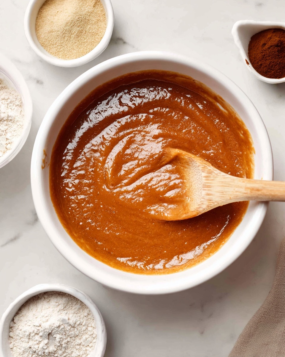 A white bowl filled with a smooth, thick orange-brown sauce being stirred by a light wooden spoon, the sauce has a glossy and slightly textured surface. Around the bowl, there are small white bowls containing light beige flour and a dark brown powder, all placed on a white marbled surface. The scene looks clean and bright, with the sauce as the main focus in the center. Photo taken with an iphone --ar 4:5 --v 7