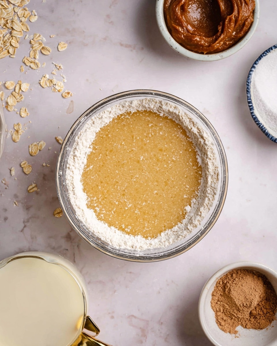 A clear round bowl in the center holds a mixture with one layer of white flour around the edges and a shiny golden liquid filling the center. The mixture has a smooth and slightly bubbly texture. Around the bowl on a white marbled surface are four small white bowls: the top right bowl contains a thick brown paste, the bottom right bowl holds a darker brown liquid, the bottom center bowl has a small amount of brown powder, and the top left bowl has a creamy white liquid with a gold handle attached. There are some scattered pieces of oats or grains on the surface near the bowls. Photo taken with an iphone --ar 4:5 --v 7