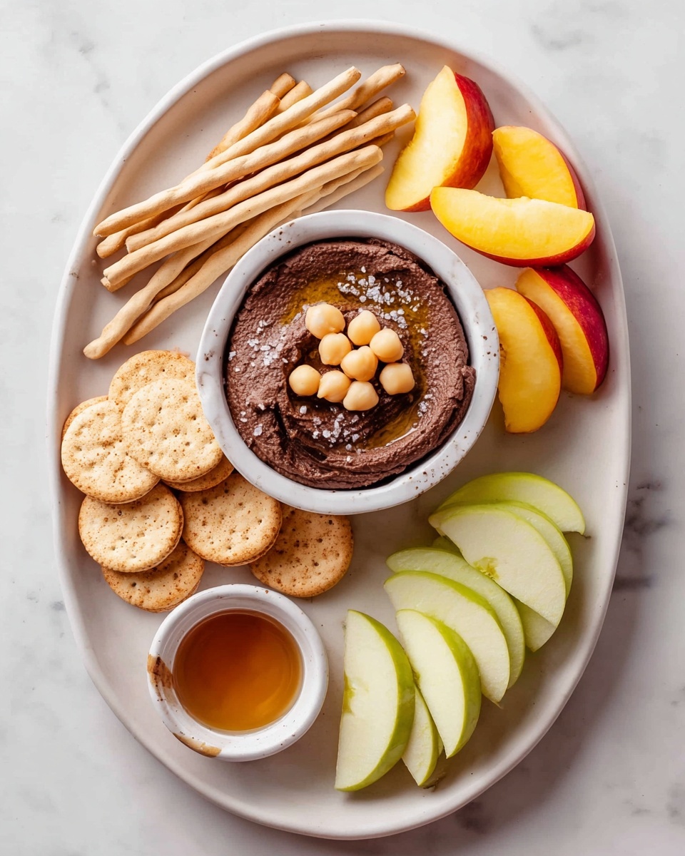 A white oval plate arranged with several types of snacks on a white marbled surface. In the center is a small white bowl filled with dark brown hummus, topped with six light tan chickpeas and a drizzle of oil, with some coarse salt sprinkled on top. To the upper left of the bowl are six long, light beige wafer sticks stacked beside each other. On the upper right side, there are neatly placed yellow peach slices with red edges. On the left and right sides of the bowl are two groups of round beige crackers arranged in stacks. At the bottom left of the plate is a small white bowl filled with amber-colored honey. At the bottom right are several green apple slices fanned out. photo taken with an iphone --ar 4:5 --v 7