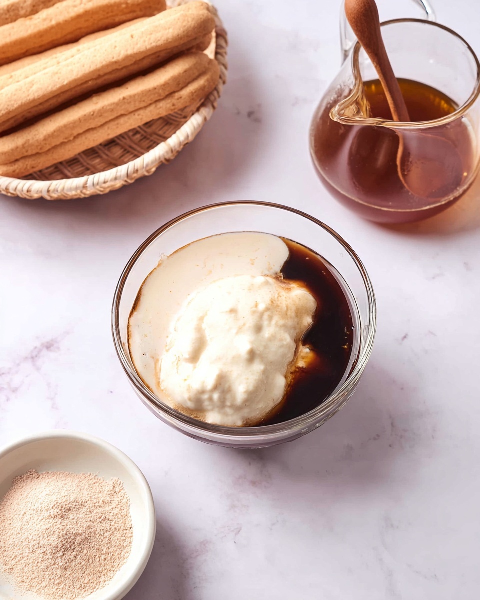 A clear glass bowl at the center holds three layers: a dark brown liquid at the bottom, topped with a creamy white layer and a slightly beige soft layer on top, all blending slightly. To the top right, there is a small clear glass pot with brown liquid and a wooden handle. On the top left, a white marbled surface holds a round basket full of long light brown ladyfinger biscuits. At the bottom left corner, a small white bowl contains light brown powder with a wooden spoon. The background is a white marbled surface. Photo taken with an iphone --ar 4:5 --v 7