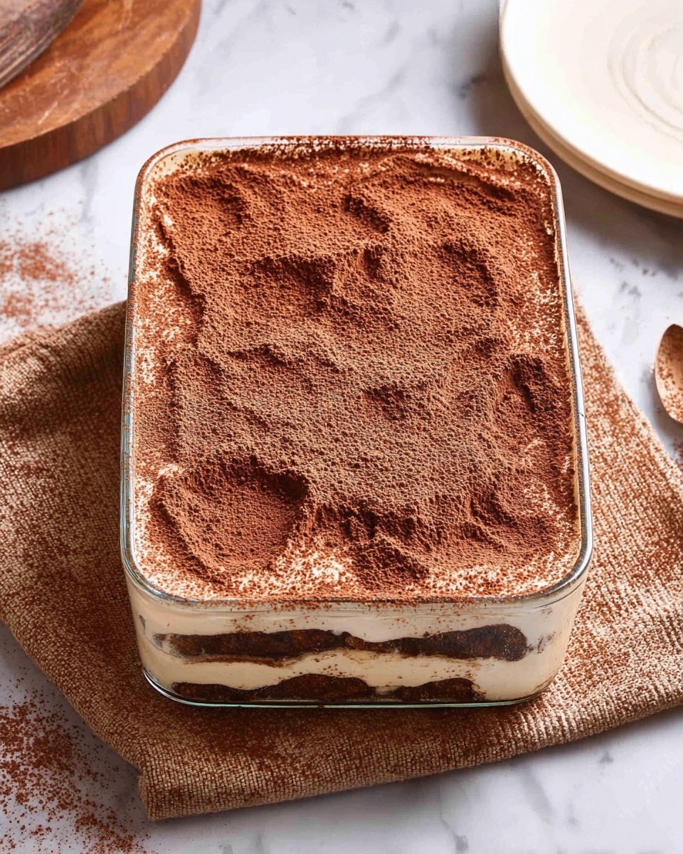 A clear rectangular glass dish holds a layered dessert with three visible layers: the bottom layer is dark brown, likely soaked cake or biscuit; the middle layer is thick and creamy white; the top layer is a smooth, dense sprinkle of fine cocoa powder covering the entire surface evenly with slight textural waves on top. The dish sits on a textured brown cloth on a white marbled surface. The edge of a white plate and a wooden board appear around the dish. Photo taken with an iphone --ar 4:5 --v 7