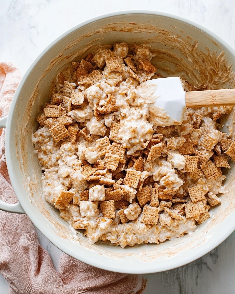 The image shows a large white bowl filled with a mix of creamy cereal treats. The dish has two main layers: a sticky, melted, light beige layer of marshmallow and butter blend, and small, square pieces of cinnamon-flavored cereal that are light brown with a textured surface. A white spatula with a wooden handle is partially buried in the mixture, lifting up a dense, chunky portion. The bowl is placed on a white marbled surface, and a light pink cloth is visible beside it. Photo taken with an iphone --ar 4:5 --v 7