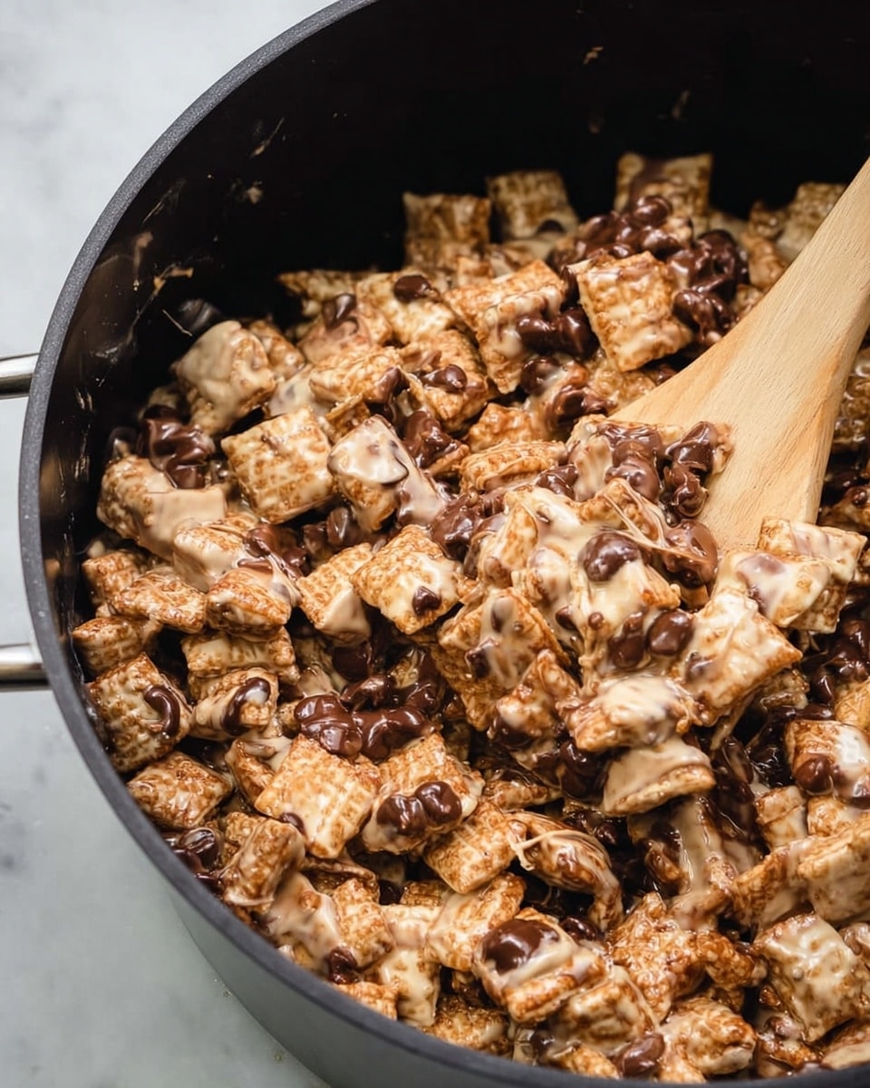 The image shows a close-up of a black pot filled with a mixed snack made of small square cereal pieces coated in a creamy, sticky layer. The cereal is light brown with darker chocolate chips scattered throughout. Thin, shiny, stringy strands of melted marshmallow or syrup stretch between some pieces, giving the mixture a shiny, sticky look. A wooden spatula is inside the pot, lifting some of the snack, showing the texture and mix clearly. The surface under the pot is changed to a white marbled texture. Photo taken with an iphone --ar 4:5 --v 7