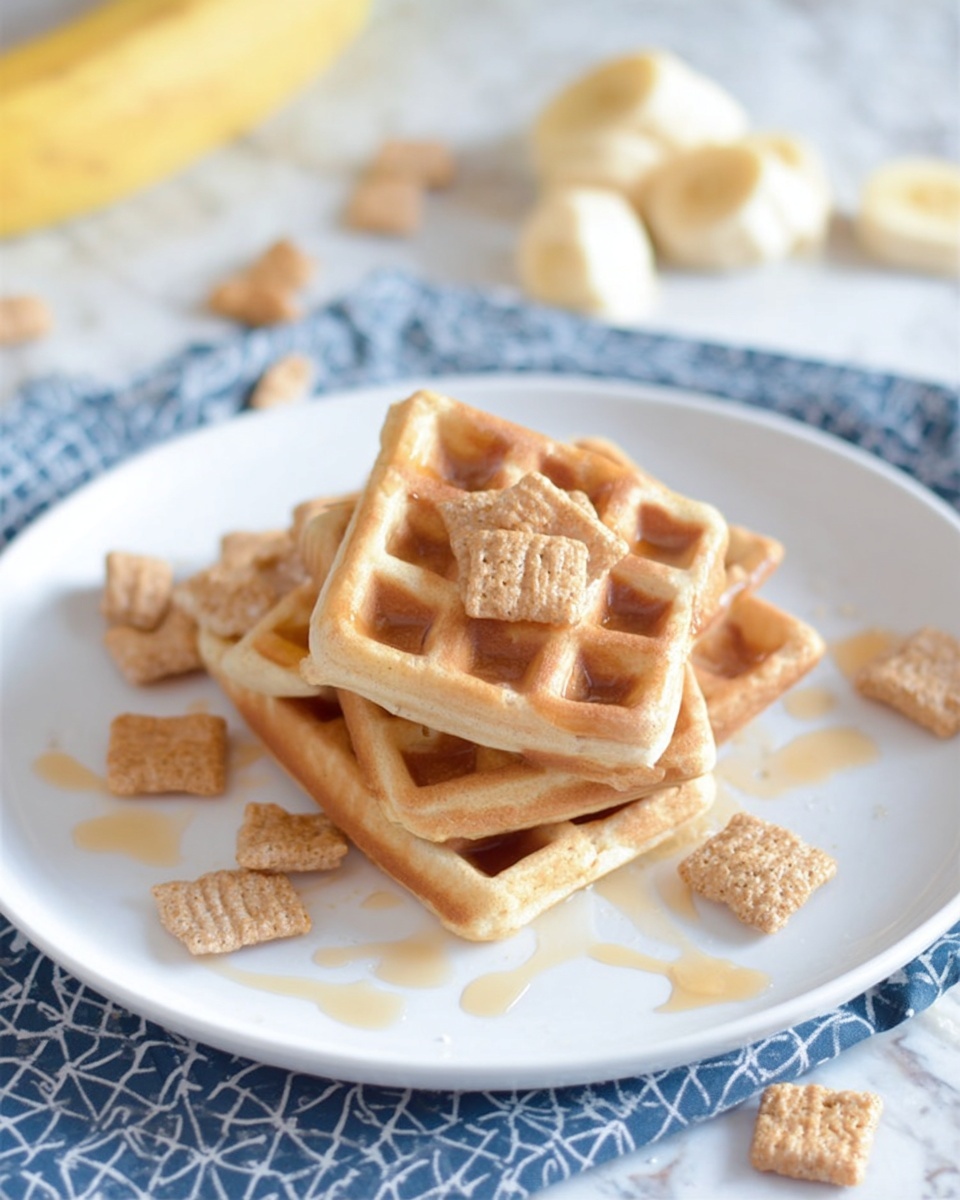 A white plate holds five small pieces of light brown waffles, stacked loosely in the center with visible grid patterns. The waffles have some light syrup drizzled over and around them, adding a slight shine and smooth texture. Scattered on and around the waffles are several small pieces of crispy cereal with a rough texture, light brown color, and square shape. The plate rests on a blue and white patterned cloth, and the background has a white marbled surface with some bananas and more cereal pieces softly blurred out. photo taken with an iphone --ar 4:5 --v 7