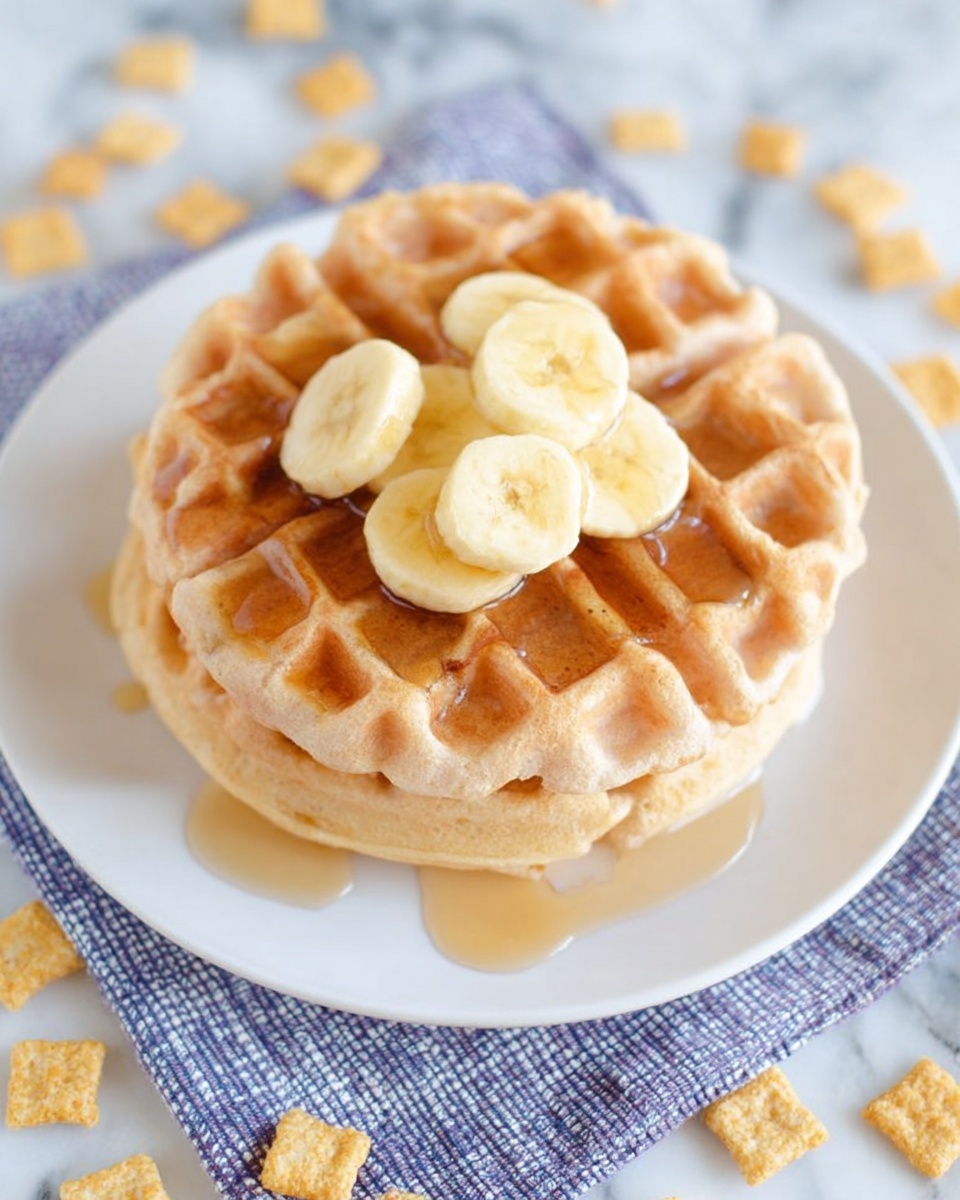 A stack of three light golden waffles is placed in the center of a white plate, each waffle showing a clear grid pattern with slightly crispy edges. On top of the waffles, there are several round, light yellow banana slices arranged in a small pile, with a light drizzle of maple syrup adding a glossy texture that flows gently into the waffle grids. The plate sits on a white marbled surface with a blue and white woven cloth underneath and small square cereal pieces scattered around. photo taken with an iphone --ar 4:5 --v 7