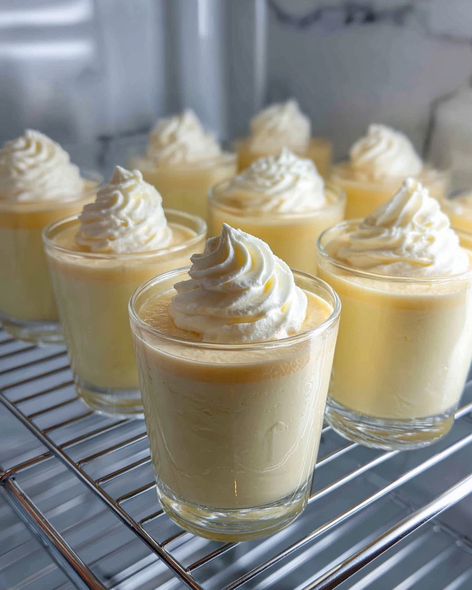 The image shows six clear glass cups filled with a light creamy dessert, each topped with a swirl of whipped cream. The dessert inside the cups is pale yellow and smooth, filling most of the cup with the fluffy whipped cream sitting neatly on top. The cups are placed on a metal fridge rack inside a refrigerator, with the light from above softly illuminating the scene. The background is a white marbled texture. photo taken with an iphone --ar 4:5 --v 7