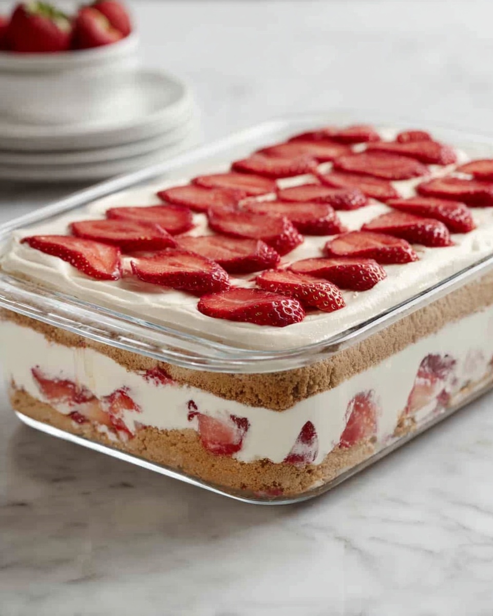 A clear glass rectangular dish shows a three-layer dessert. The bottom layer is light brown and crumbly like cookies, followed by a thick white cream layer with pieces of red strawberries inside. Above that is another layer of the same light brown cookie-like base, topped with a smooth, thick white cream layer. The top layer is decorated with round red strawberry slices neatly arranged in rows, covering the entire surface. The dish sits on a white marbled surface. Photo taken with an iphone --ar 4:5 --v 7