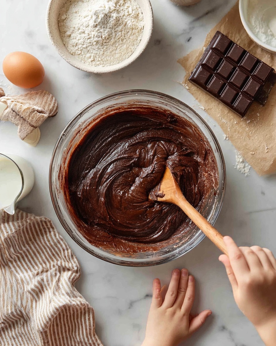 A clear glass bowl filled with thick, dark brown chocolate batter that has a smooth, glossy texture, with a wooden spoon stirring the mixture from the top right; in the bottom right corner, a child's small hand resting on a white marbled surface, and above it, a woman's hand holding the spoon; surrounding the bowl are a single brown egg, a bowl of white flour, a block of dark chocolate with six squares showing, and a clear glass container of milk; a white and brown striped cloth is draped in the background on the white marbled surface photo taken with an iphone --ar 4:5 --v 7