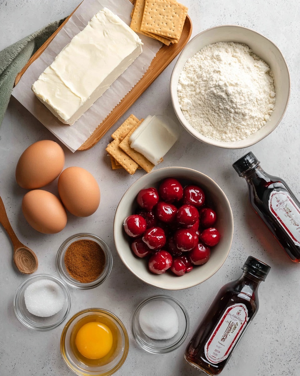 The image shows a white marbled surface with various baking ingredients neatly arranged. On the top left, there is a bamboo tray with a block of white cream cheese on white parchment paper, next to a small stack of light brown crackers. To the right of the tray, there is a white bowl filled with white flour. Below the bowl, a white bowl holds bright red cherries in thick syrup. Around these, there are three brown eggs arranged vertically on the left, a small glass bowl of brown sugar, a small glass bowl of white sugar, a smooth egg yolk in a small glass bowl, and a wooden spoon lying diagonally near the bottom left. Two bottles of vanilla extract with black lids are placed on the right side, one standing on the white surface and one sitting horizontally. The lighting is soft and natural. photo taken with an iphone --ar 4:5 --v 7