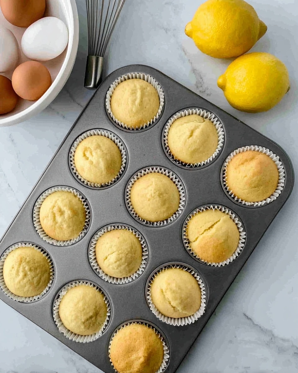 A dark gray metal muffin tray holds twelve light golden muffins in white paper liners, each showing a slightly cracked and soft surface. The tray is positioned diagonally on a white marbled surface. In the top right corner, three bright yellow lemons are placed close together. On the left side, a white bowl filled with eggs is partly visible, along with part of a metal whisk resting on the same white marbled surface. The scene is bright and clean, with natural light enhancing the soft texture of the muffins. photo taken with an iphone --ar 4:5 --v 7
