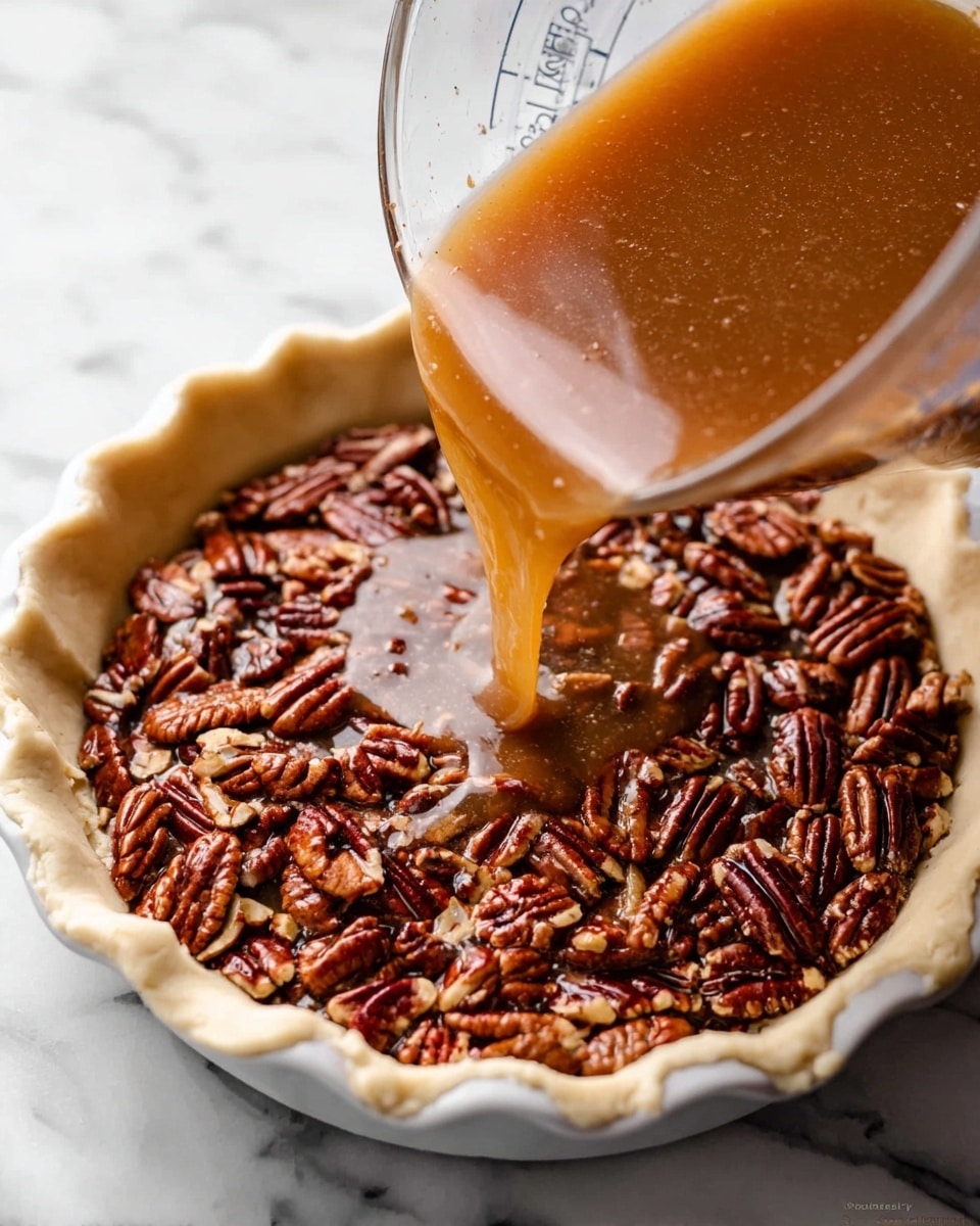 A white pie crust is filled with a layer of whole pecan halves, showing a mix of dark brown and reddish textures spread evenly across the base. A thick, amber-brown liquid filling is being poured over the pecans from a clear glass measuring cup positioned on the upper right side, the liquid glossy and smooth, starting to cover the pecans. The scene sits on a white marbled surface, adding subtle gray veins around the pie dish. Photo taken with an iphone --ar 4:5 --v 7