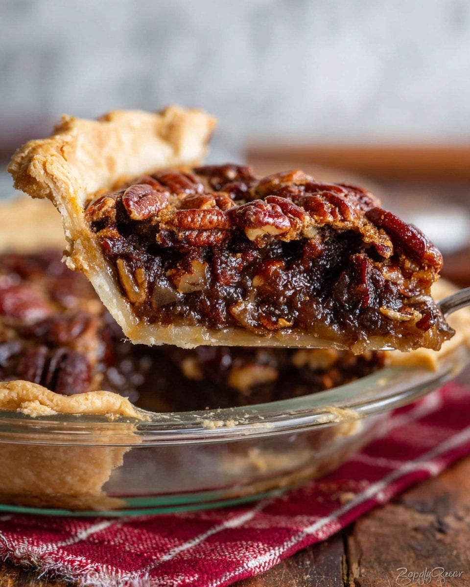 A slice of pecan pie is being lifted from a clear glass pie dish on a worn wooden surface with a red and white checkered cloth nearby. The pie has a thick golden-brown crust around the edge, a gooey-looking dark brown filling, and a generous top layer of whole pecan halves that are shiny and textured. The pie is shown from a side angle, highlighting the three layers: the flaky crust, the sticky filling, and the rich pecan topping. The background features a white marbled texture. Photo taken with an iphone --ar 4:5 --v 7