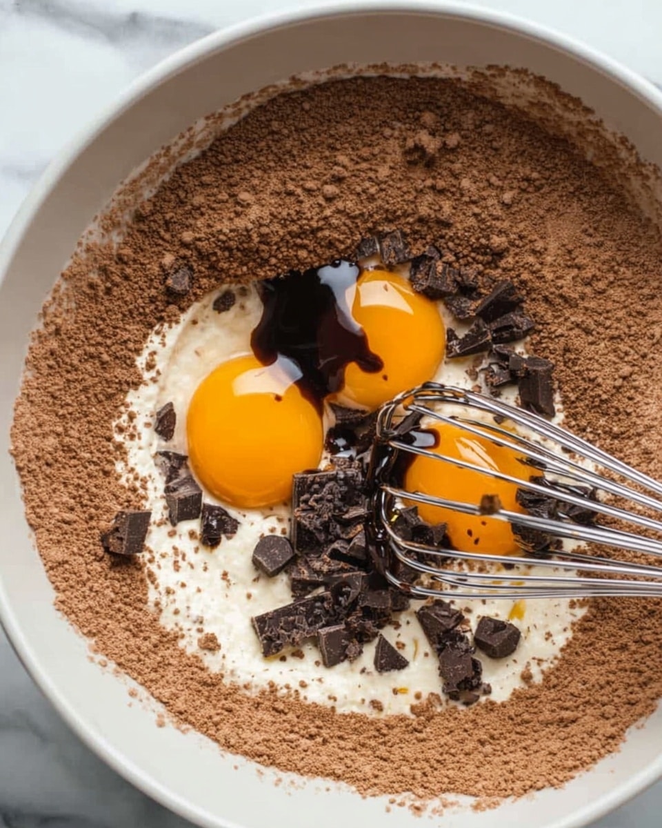 The image shows a close-up of a white bowl filled with layers for a chocolate recipe. The first layer is a ring of light brown chocolate powder around the edges of the bowl, with small dark chocolate chunks scattered on top. Inside the ring, there are two bright orange egg yolks side by side. Next to the yolks is a layer of white cream with dark chocolate pieces sprinkled on it. A silver whisk rests on top, partly submerged in the cream. Dark chocolate syrup is dripping slowly from above into the cream near the whisk. The bowl is on a white marbled surface. photo taken with an iphone --ar 4:5 --v 7
