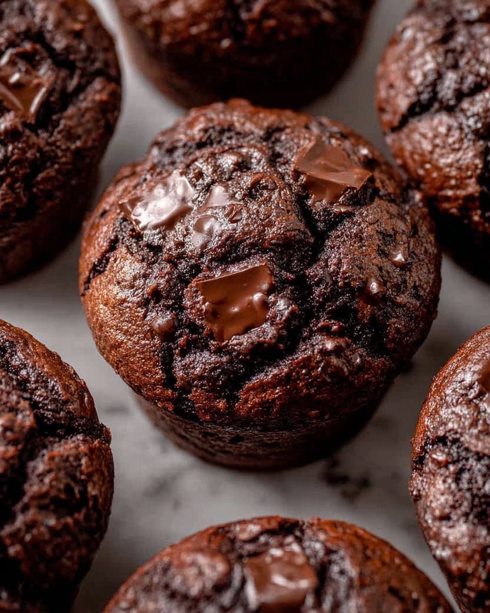 The image shows several rich chocolate muffins placed closely together on a white marbled surface. Each muffin has a rough, textured top with dark brown baked batter and shiny, melted chocolate chunks scattered unevenly across the surface. The muffins look dense and moist with a slightly cracked crust, showcasing the soft chocolate inside. The focus is on the muffin in the center, which has larger glossy chocolate pieces giving it a shiny look, while the surrounding muffins have smaller chocolate bits. Photo taken with an iphone --ar 4:5 --v 7