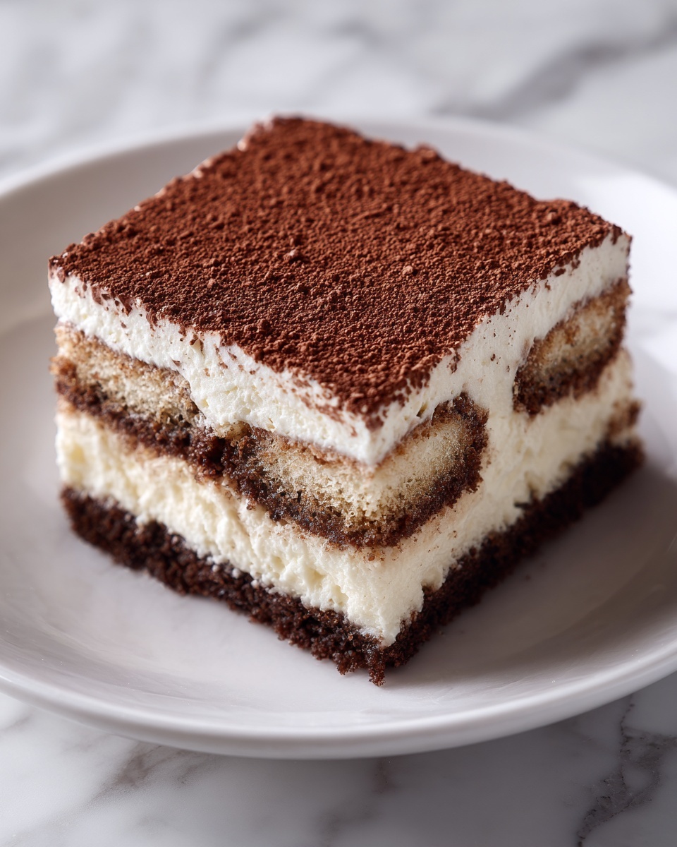 A slice of layered dessert is shown on a white plate. The bottom layer is dark brown and looks like a soft cake. Above that is a thick, creamy white layer. The middle layer has a textured pattern with light brown color and creamy white filling in between. The top layer is thick and creamy white, dusted evenly with a fine layer of cocoa powder giving it a dark brown color on top. The background is a white marbled surface. photo taken with an iphone --ar 4:5 --v 7