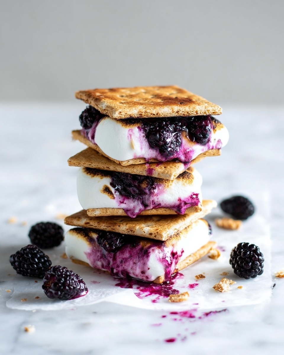 The image shows a tall stack of three s'mores on a white marbled surface. Each s'more has three layers: a top and bottom layer of golden-brown, toasted square graham crackers, and a middle layer of melted white marshmallow mixed with dark purple blackberries. The marshmallow is soft and slightly browned with some of it melting and dripping out between the layers. Blackberries are visible inside the marshmallow, their juice slightly staining the marshmallow and the white surface below. Some loose blackberries and purple juice are scattered around the stack. Photo taken with an iphone --ar 4:5 --v 7