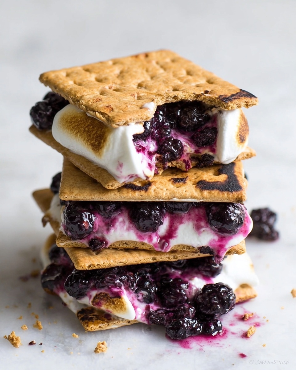 The image shows a stack of three s'mores-like treats placed on a white marbled surface. Each treat has two square, light brown graham crackers as the top and bottom layers with a rough texture and small square indentations. Between the crackers are two layers filled with gooey white marshmallow that is melting and puffed up, and deep purple-black berries that look juicy and slightly shiny, some of which are spilling out. The bottom marshmallow layer is toasted with brown char marks. A bite is taken out of the top piece, showing the dense berries and melted marshmallow inside. Some berries and marshmallow drips are scattered around the base of the stack. Photo taken with an iphone --ar 4:5 --v 7