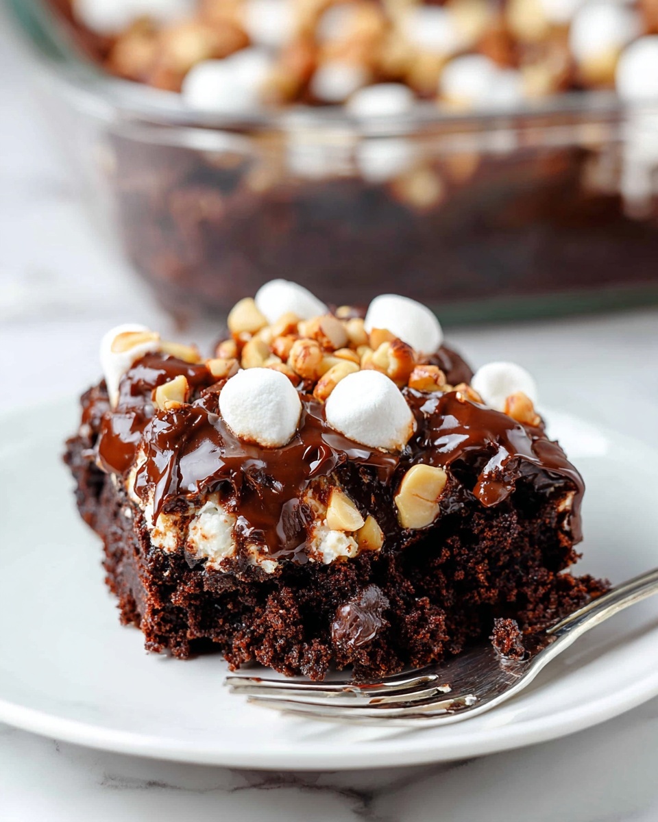 The image shows a close-up of a dark brown chocolate brownie square on a white plate with a silver fork beside it. The brownie has three visible layers: the bottom layer is dense and crumbly chocolate cake, the middle layer is a melted glossy chocolate topping mixed with chopped light brown nuts, and the top layer includes small white marshmallows and more nuts scattered on top. In the background, part of a clear glass dish with the same dessert is seen on a white marbled surface. Photo taken with an iphone --ar 4:5 --v 7