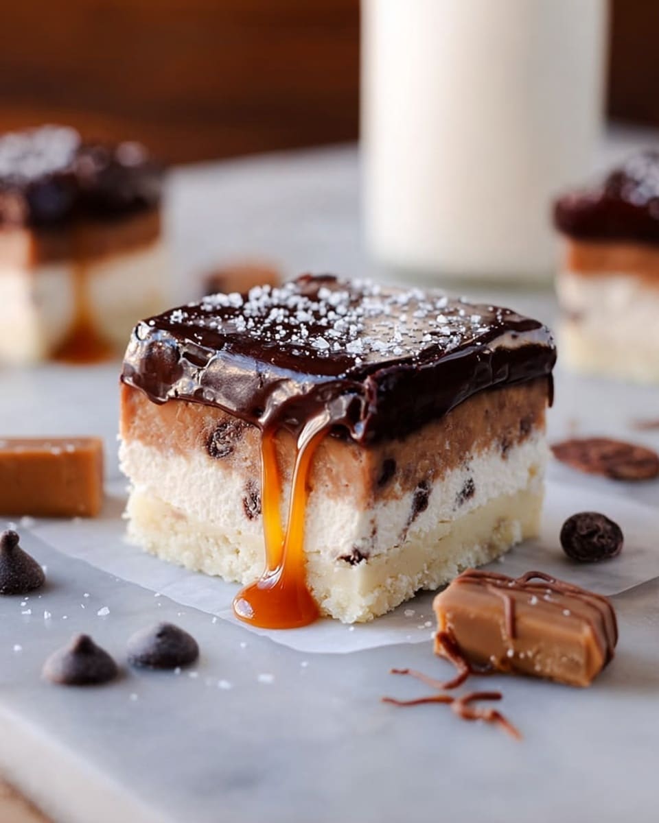 A square dessert bar with three distinct layers is shown on a white marbled surface. The bottom layer is pale, smooth, and firm like a shortbread crust. The middle layer is creamy with small dark chocolate bits mixed in, soft in texture, and slightly thick. A caramel sauce gently drips down from this layer onto the bottom. The top layer is a rich, glossy dark chocolate glaze that covers the whole dessert. Scattered around the bar are a few chocolate chips, some sea salt flakes, and pieces of caramel candy. A blurred white bottle is in the background. Photo taken with an iphone --ar 4:5 --v 7