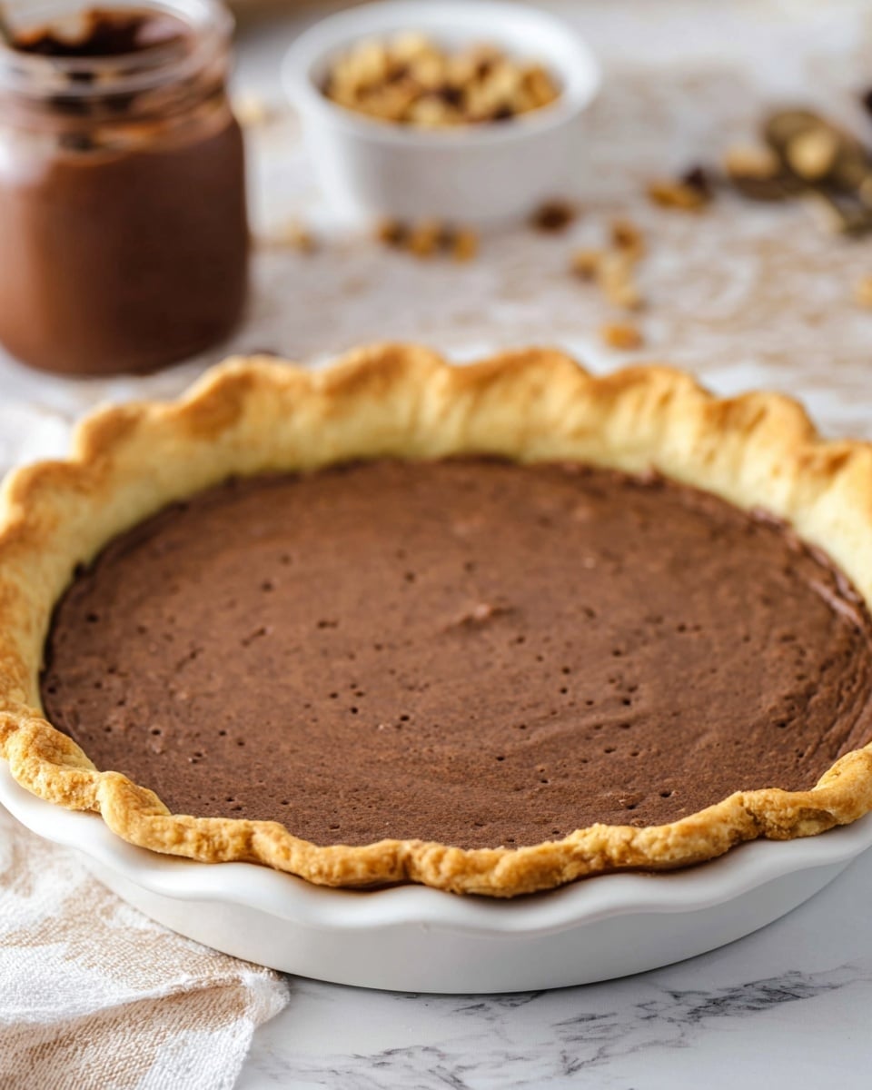 The image shows a single-layer pie with a golden-brown crust that is fluted around the edges, holding a smooth, dark brown filling that appears firm and even. The pie sits in a white pie dish on a white marbled surface. Behind the pie, there is a glass jar filled with a chocolate spread and a small bowl with chopped nuts, both slightly out of focus, giving a cozy kitchen feel. The overall look is simple and homey, with warm colors and soft lighting. photo taken with an iphone --ar 4:5 --v 7