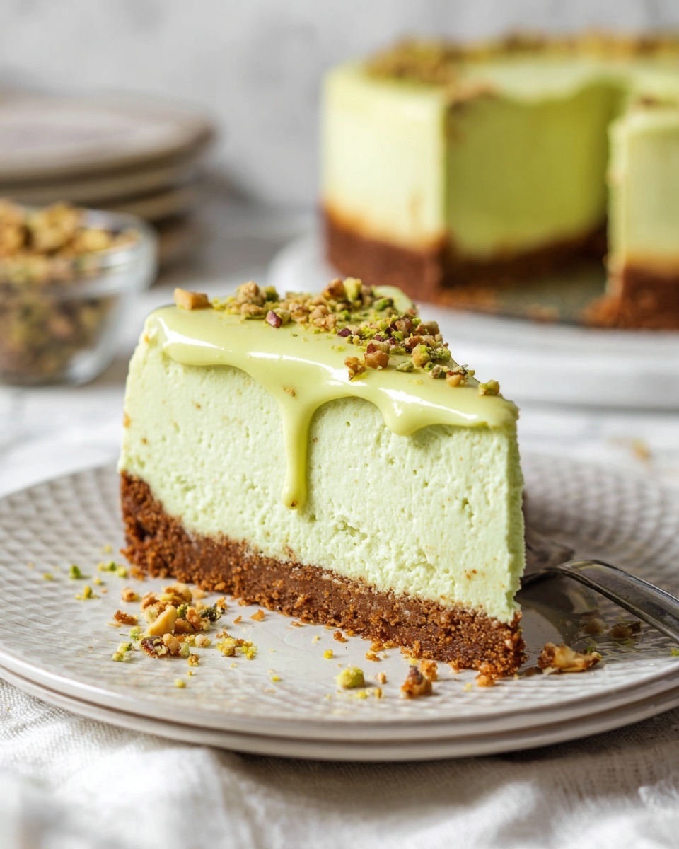 A slice of pale green cheesecake sits on a white plate with textured edges, showing three clear layers: a firm brown crumb crust at the bottom, a thick and smooth light green cheesecake middle, and a glossy, slightly darker green creamy topping that drips slightly over the side. The top layer is sprinkled with small pieces of crushed nuts, adding a bit of texture and color contrast. Crumbled nuts and crumbs are scattered around the slice on the plate. The plate is placed on a white marbled surface with a light-colored cloth underneath, and the background shows a blurred whole cake and small glass bowl with nuts. Photo taken with an iphone --ar 4:5 --v 7