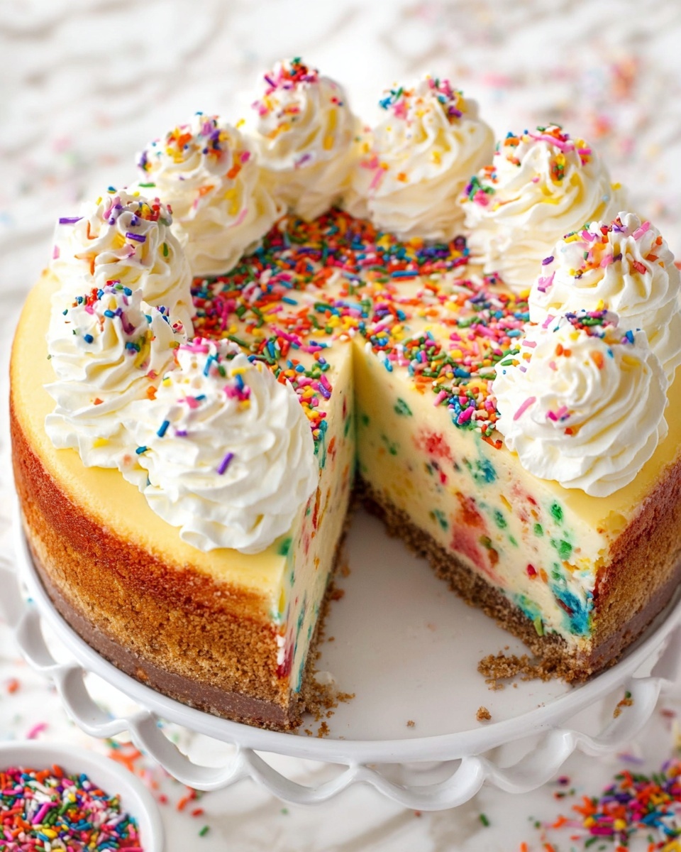 The image shows a colorful cheesecake with three clear layers: the bottom layer is a brown thick crust, the middle layer is a creamy yellow cake with bright red, blue, and green sprinkles mixed inside, and the top layer is a smooth yellow cheesecake surface covered with scattered multicolored sprinkles. Around the edge of the cheesecake top, there are large swirls of white whipped cream, each topped with more rainbow sprinkles. One slice has been removed, revealing the layers clearly, and more sprinkles are scattered on the white scalloped plate and the white marbled surface around it. Photo taken with an iphone --ar 4:5 --v 7
