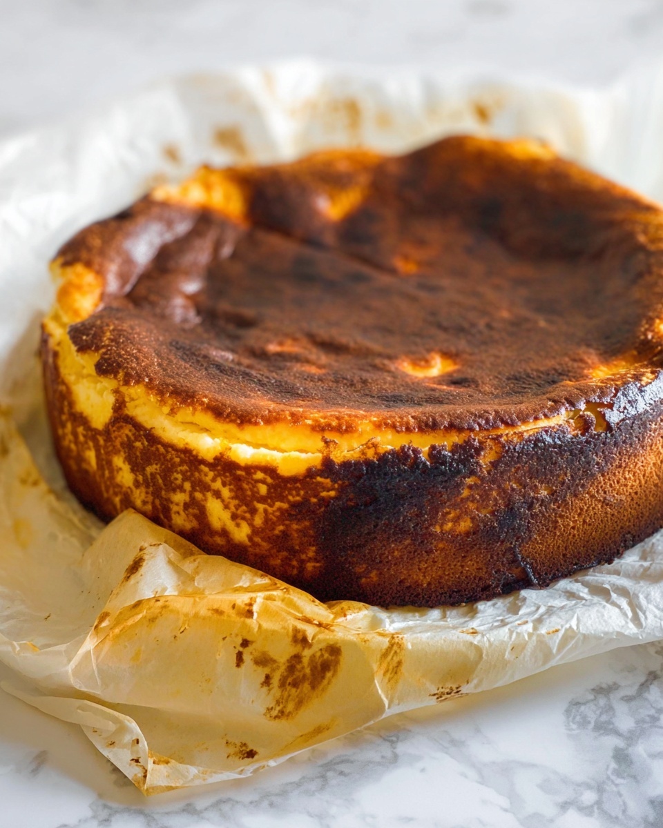 A round cake with one visible thick layer sits on white parchment paper on a white marbled surface. The cake has a dark brown, almost burnt-looking top that is slightly cracked and uneven along the edges. The sides of the cake are golden yellow with some areas darker brown due to baking. The paper beneath is crumpled and stained with dark spots where the cake touched it, showing a rustic baked look. Photo taken with an iphone --ar 4:5 --v 7