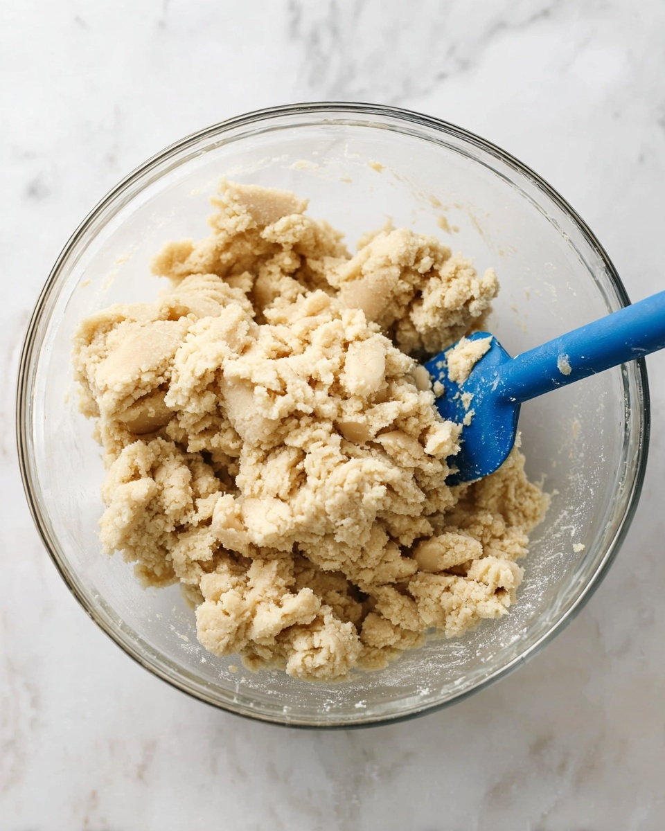 A clear glass bowl holds a rough, crumbly dough mixture with a light beige color and uneven texture. A blue silicone spatula rests inside the bowl on the right side, slightly embedded in the dough. The bowl is placed on a white marbled surface, showing soft, subtle grey veins. The dough pieces vary in size and are loosely clumped together. photo taken with an iphone --ar 4:5 --v 7