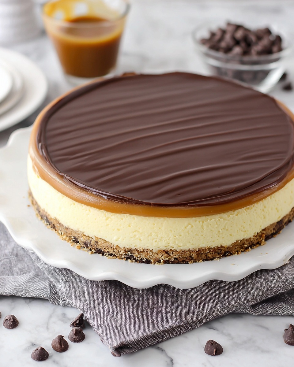 The image shows a three-layer round cheesecake on a white scalloped plate. The bottom layer is a light brown crumbly crust, the middle layer is a thick creamy pale yellow cheesecake, and the top layer is a smooth shiny dark brown chocolate ganache with subtle ridges. There is a thin layer of caramel between the cheesecake and the chocolate. The plate is placed on a light gray cloth with scattered chocolate chips around it, all on a white marbled surface. In the background, there is a glass cup with caramel sauce and a small clear bowl of chocolate chips. Photo taken with an iphone --ar 4:5 --v 7