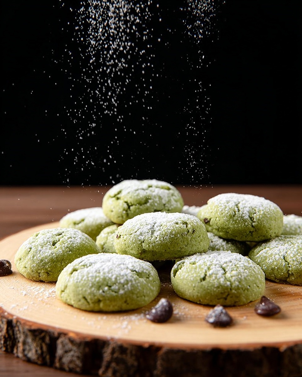 The image shows small green round cookies placed closely together on a round wooden board with visible wood grain and bark edges. Some cookies have a light dusting of white powdered sugar falling from above, with fine particles visibly suspended in the air. The cookies have a smooth surface and appear soft, with a few small dark chocolate chips visible on the board around them. The background is black, making the cookies and powdered sugar stand out clearly. photo taken with an iphone --ar 4:5 --v 7