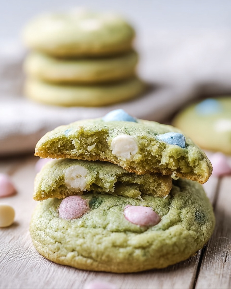 Two greenish cookies with white, blue, and pink chips are stacked on a light wooden surface, with the top cookie having a bite taken out of it showing a soft and crumbly inside. In the background, there is a small stack of similar greenish cookies placed on a piece of cloth. The focus is on the front cookies with a shallow depth of field softly blurring the background. The light is bright and natural. photo taken with an iphone --ar 4:5 --v 7